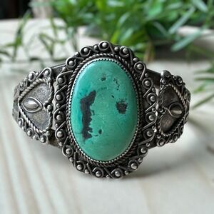 VTG Old Pawn Navajo Cuff Bracelet Sz 6.25 Hearts Carico Turquoise Sterling 29.6g